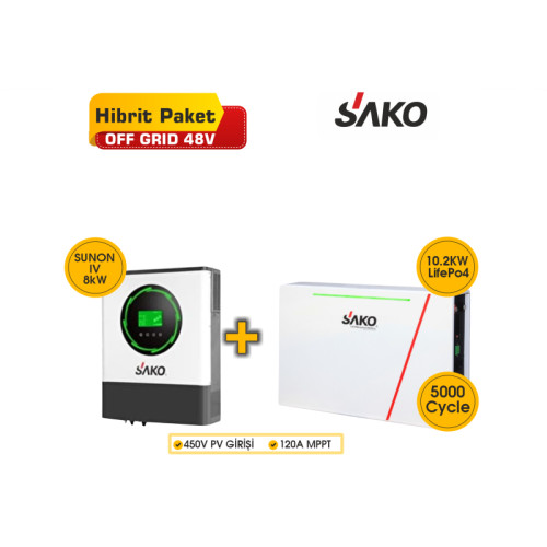 SAKO Off-Grid Hibrit Paket 8kW Akıllı İnverter + 10.2kWh Lityum Batarya LifePo4 Akü
