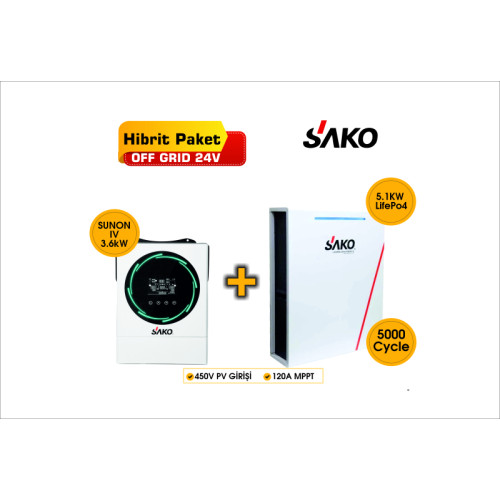 SAKO Off-Grid Hibrit Paket 3.6kW Akıllı İnverter + 5.1kWh Lityum Batarya LifePo4 Akü