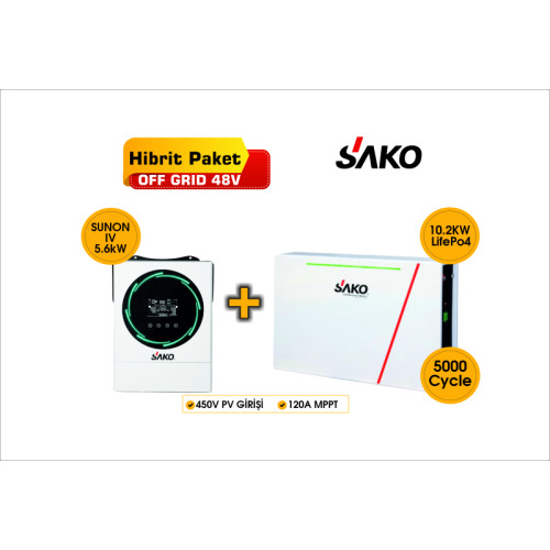 SAKO Off-Grid Hibrit Paket 5.6kW Akıllı İnverter + 10.2kWh Lityum Batarya LifePo4 Akü