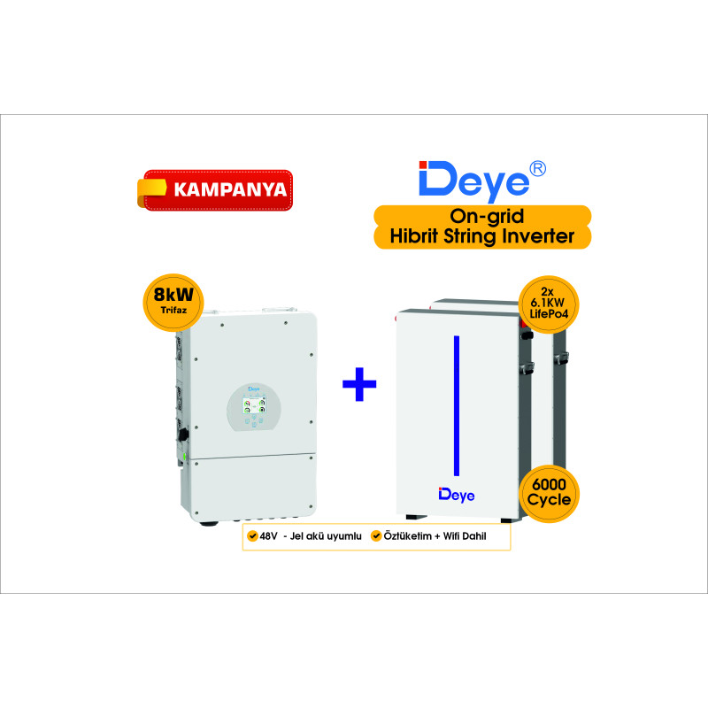 DEYE 8 KW On-Grid Hibrit Trifaz Paketi LV (48V)